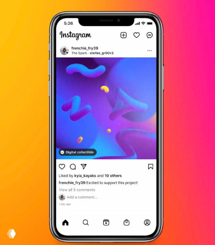Интерфейс Instagram на смартфоне с постом и ярлыком цифрового коллекционного предмета, демонстрация нативного оформления покупки/коллекции.