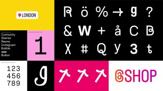 Примеры глифов, символов и стилизованных букв шрифта Instagram Sans, включая цифры и специальные знаки, часть набора символов с кириллицей.