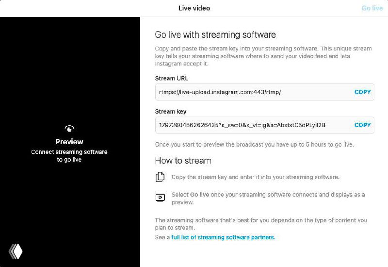 Скриншот окна настроек стрима: поля Stream URL и Stream key для подключения внешнего ПО через пользовательский RTMP — пример для OBS/Streamlabs.
