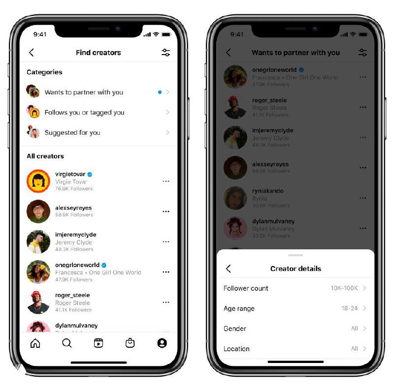 Три скриншота мобильного приложения: подборка создателей, выдача «wants to partner with you» и карточка с деталями (охваты, возраст, локация) — демонстрация фильтров и карточек профилей.