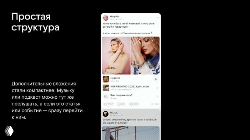 Слайд о простой структуре и компактных вложениях: макет поста с несколькими медиавложениями, где дополнительные элементы свёрнуты для аккуратного вида ленты