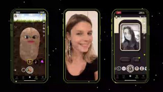 Три экрана смартфонов с демонстрацией AR‑масок на лицах пользователей и интерфейсом приложений, показывающие работу фильтров в Stories.