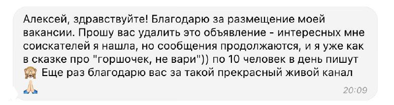 Скриншот переписки: работодатель пишет, что из откликов нашлись интересные кандидаты и размещение сработало хорошо.