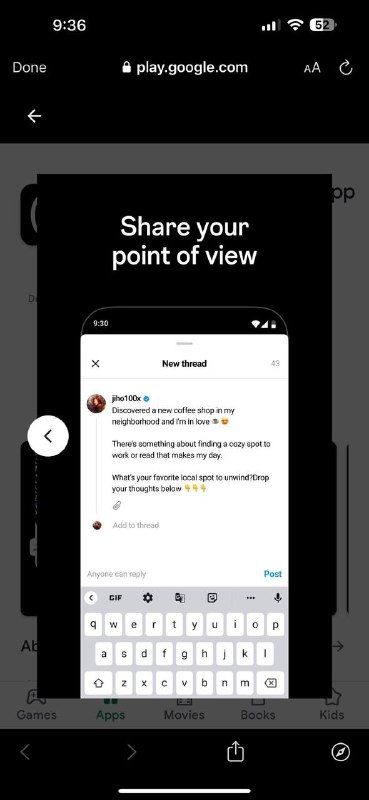 Скриншот мобильного интерфейса Threads: окно ввода текста и клавиатура, текст «Share your point of view», демонстрация интерфейса создания публикации и предпросмотра.