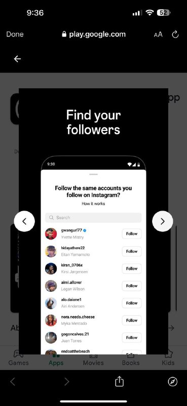 Скриншот списка подписок в Threads: экран «Find your followers» с предложением подписаться на те же аккаунты, что и в Instagram, вид списка пользователей и кнопок.