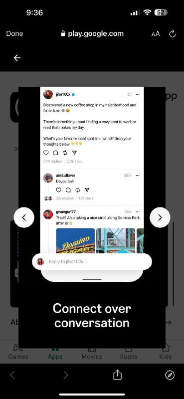 Скриншот ленты и комментариев в Threads: пример поста с изображением, ответами и элементами интерфейса для взаимодействия, подпись «Connect over conversation».