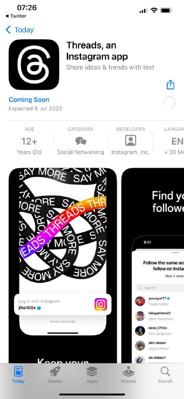 Скриншот страницы приложения Threads в App Store: иконка приложения, текст Coming Soon и превью скриншотов интерфейса на фоне белой страницы магазина.