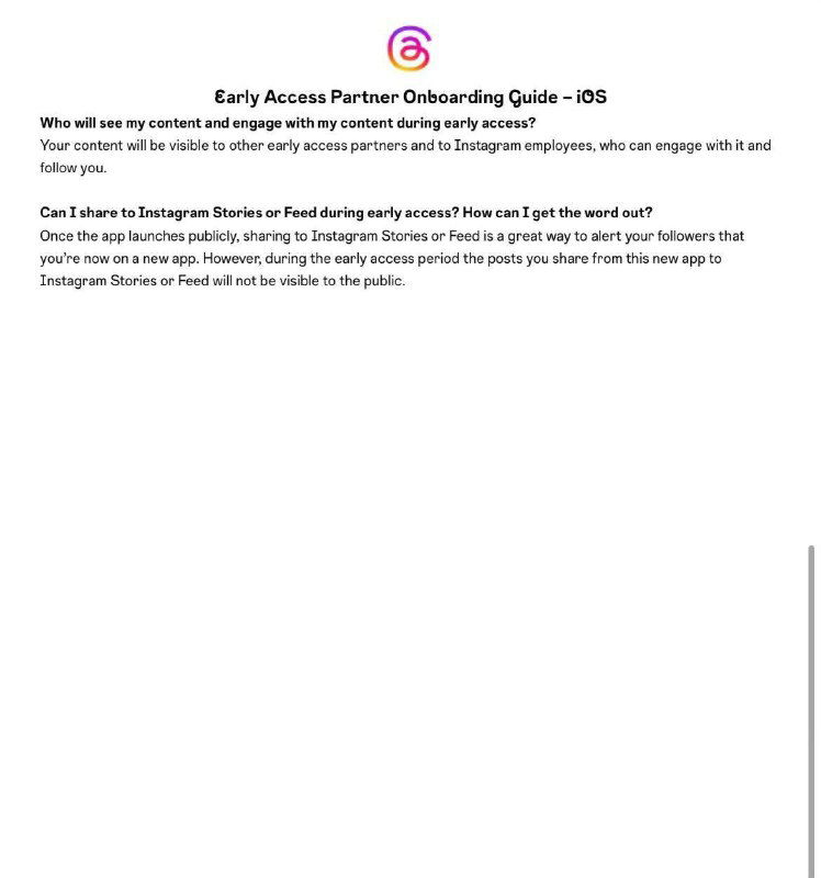 Скриншот завершающей страницы Early Access Partner Onboarding Guide, частично пустая страница с текстовым блоком о видимости контента и взаимодействии с подписчиками