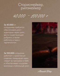 Слайд про сторисмейкера/рилзмейкера с диапазоном 40 000–100 000 ₽, фоновые кадры и небольшое текстовое пояснение обязанностей в соцсетях.