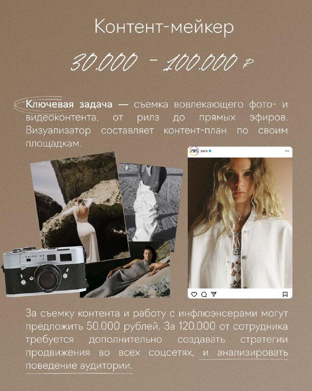 Слайд «Контент‑мейкер» с коллажем фото и примером постов, указан диапазон 30 000–100 000 ₽ и описание ключевой задачи — съёмка контента и рилзов.