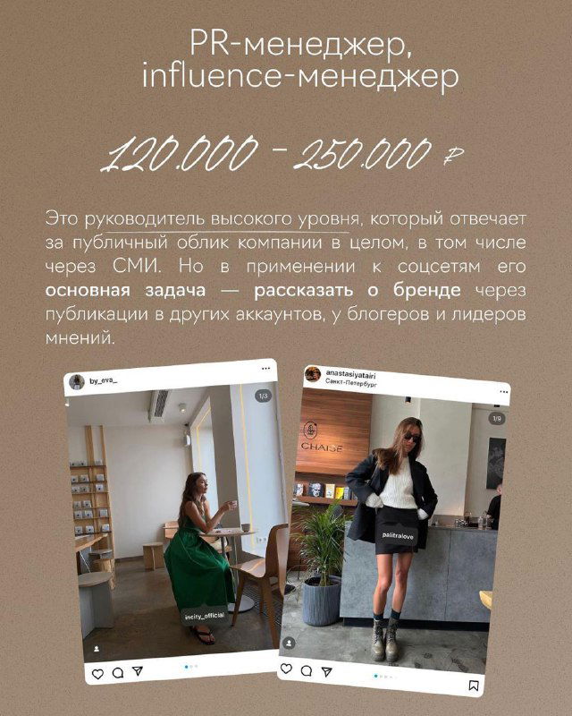 Слайд «PR‑менеджер, influence‑менеджер» с коллажем фото и пометкой 120 000–250 000 ₽; визуальный пример PR‑активностей и работы с инфлюенсерами.