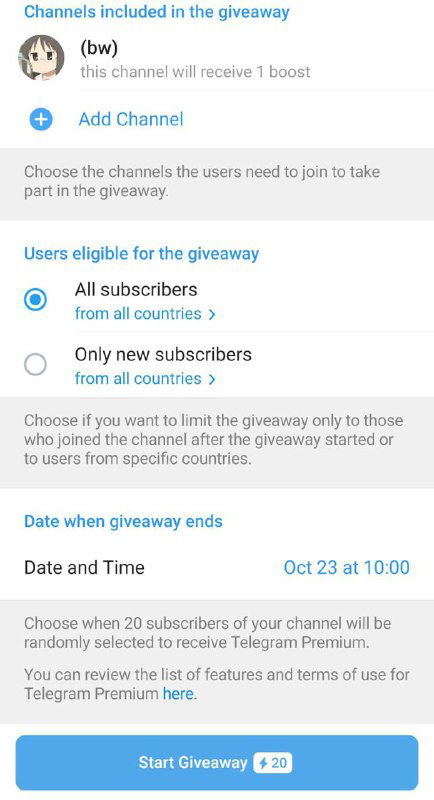 Скриншот интерфейса создания розыгрыша: поля для выбора каналов, даты окончания и кнопка запуска розыгрыша с указанием стоимости в бустах.