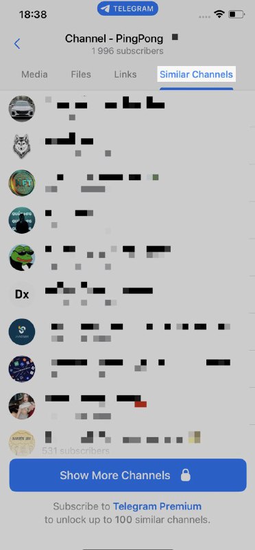 Скриншот вкладки канала Telegram на iPhone: список похожих каналов в разделе медиа с аватарами и названиями в компактном виде.