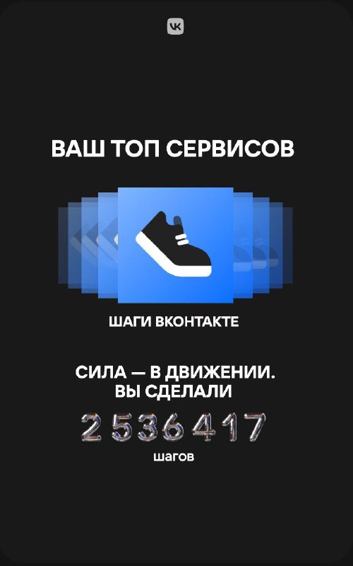 Скриншот раздела о шагах в ВК: иконка кроссовка и большая цифра суммарных шагов за год на тёмном фоне с графикой.