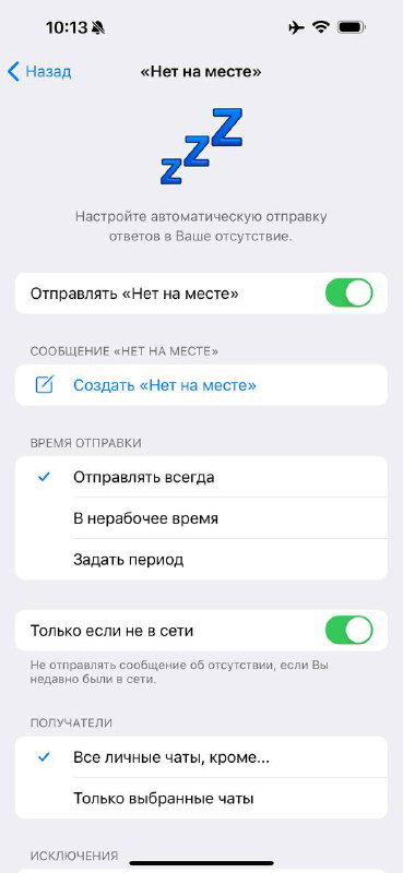 Скриншот настроек автоматических сообщений: раздел «Нет на месте» с переключателями, опциями отправки и параметрами задержки отправки ответа пользователю.