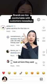 Скриншот комментариев: видно сообщение официального аккаунта Adidas («gotta sacrifice for the look») и реакции подписчиков под роликом.