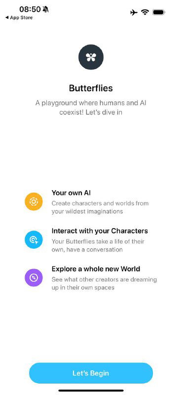 Стартовый экран Butterflies: логотип, краткое описание концепции и кнопка "Let's Begin" для начала создания персонажей в приложении.