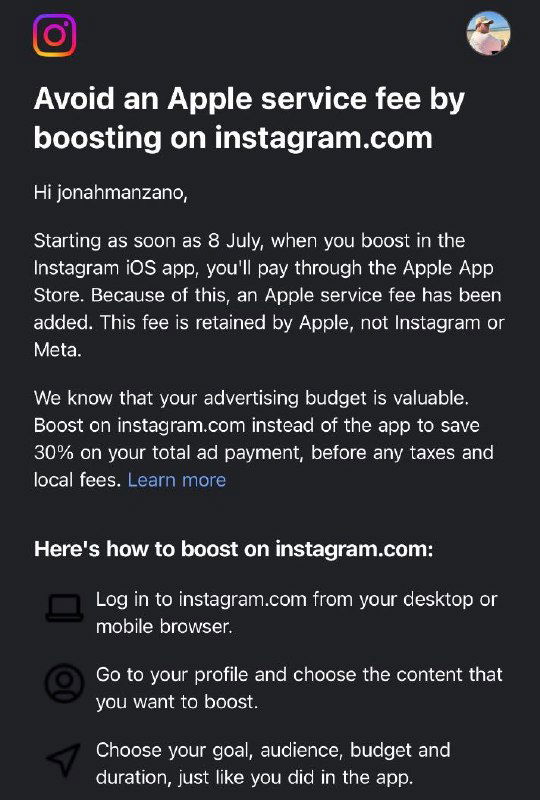 30% комиссии Apple при запуске рекламы в Instagram