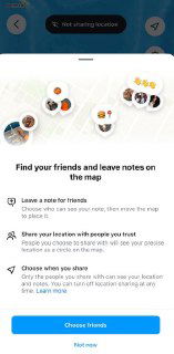 Экран с подсказкой 'Find your friends' и списком действий: оставлять заметки, делиться локацией, выбор приватности — демонстрация возможностей функции.