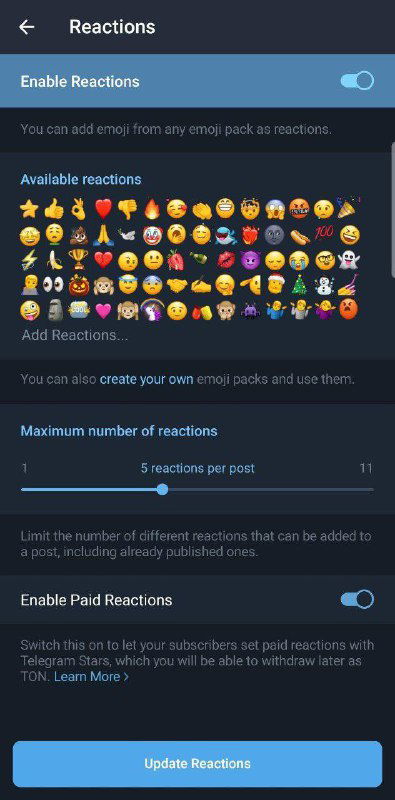 Скриншот экрана реакций в Telegram: панель доступных emoji, настройки добавления реакций и лимиты по количеству реакций на посты.