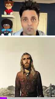 Коллаж в вертикальном видео: верхняя часть — ведущий в домашней студии, нижняя — стилизованное изображение персонажа, вероятно сгенерированное нейросетью.