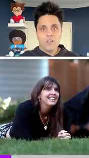 Вертикальный фрейм: реакция ведущего в верхней части кадра, внизу — архивный фрагмент с улыбающейся женщиной, формат реакции и нарративного монтажа.