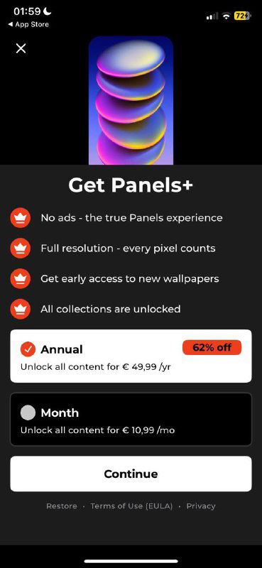 Скриншот экрана с витриной приложения и карточкой платной подписки, показаны цены, кнопки установки и интерфейс внутриигровых покупок