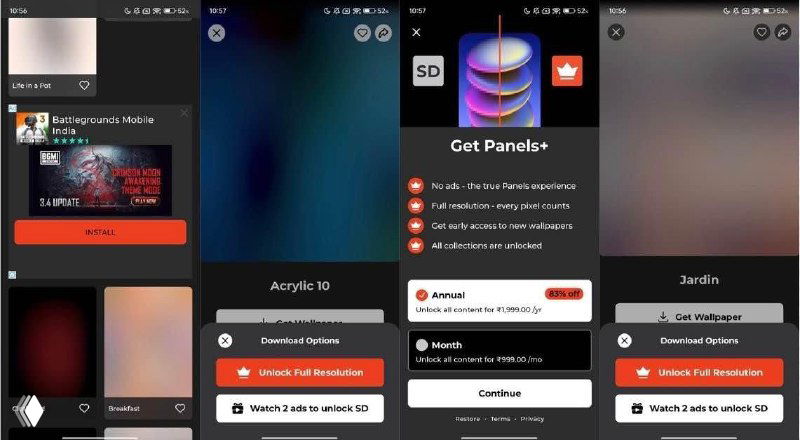 Коллаж скриншотов приложения: список обоев, диалоги разблокировки контента и элементы UI, демонстрирующие процедуру открытия премиум‑контента