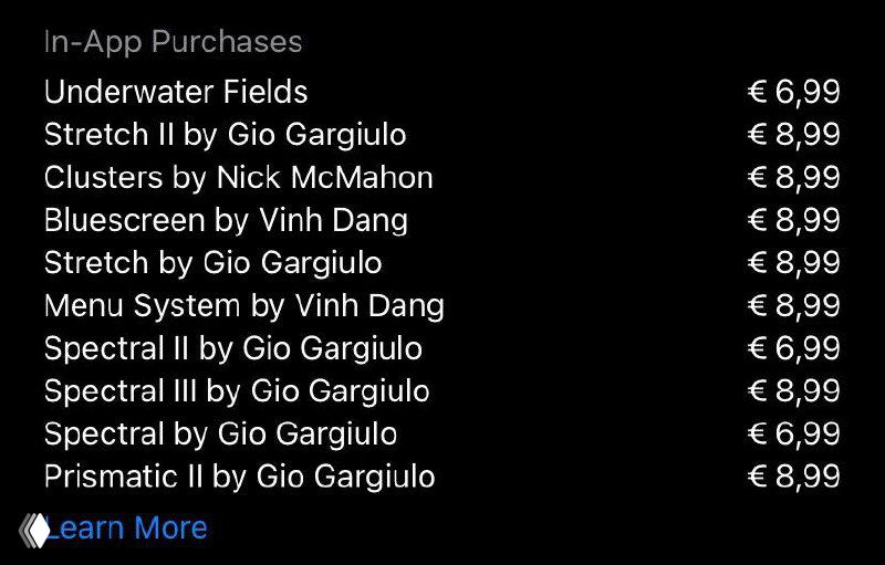 Скриншот списка покупок внутри приложения, перечислены артисты и цены на отдельные наборы обоев в евро, видны элементы магазина и прайс-листы