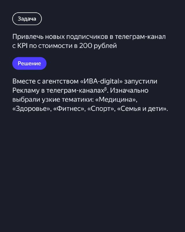 Слайд с задачей и решением: цель — привлечь новых подписчиков за 200 рублей, перечисление выбранных тем (медицина, здоровье, фитнес, семья) и упоминание агентства ИВА-digital.