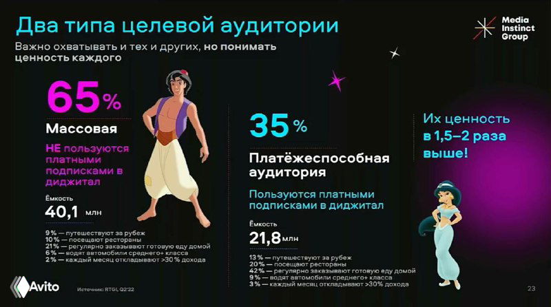 Слайд о двух типах целевой аудитории: массовая и платёжеспособная, со сравнением ценности и поведения подписчиков.
