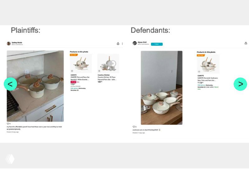 Скриншот: кадры кухни и товары, предъявленные для сравнения в судебном досье — одинаковые предметы и ракурсы на фото.