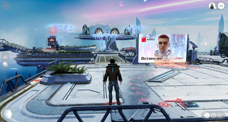 Скриншот виртуальной сцены с аватаром и рекламным баннером — пример «метавселенной», показанной компанией МТС в середине 2024 года.
