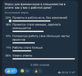 Скриншот анонимного опроса в Telegram о работе фрилансеров: варианты ответов, процентные шкалы и общее число голосов в нижней части сообщения.