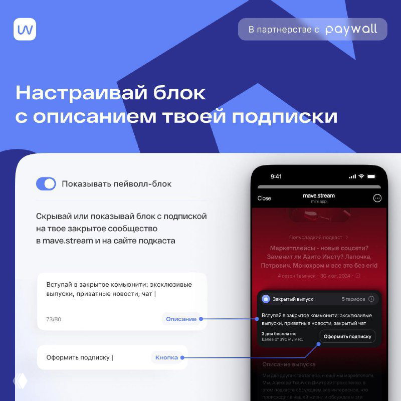 Экран настройки блока подписки: белый интерфейс на синем фоне, поля описания подписки и параметры доступа для слушателей в mave.