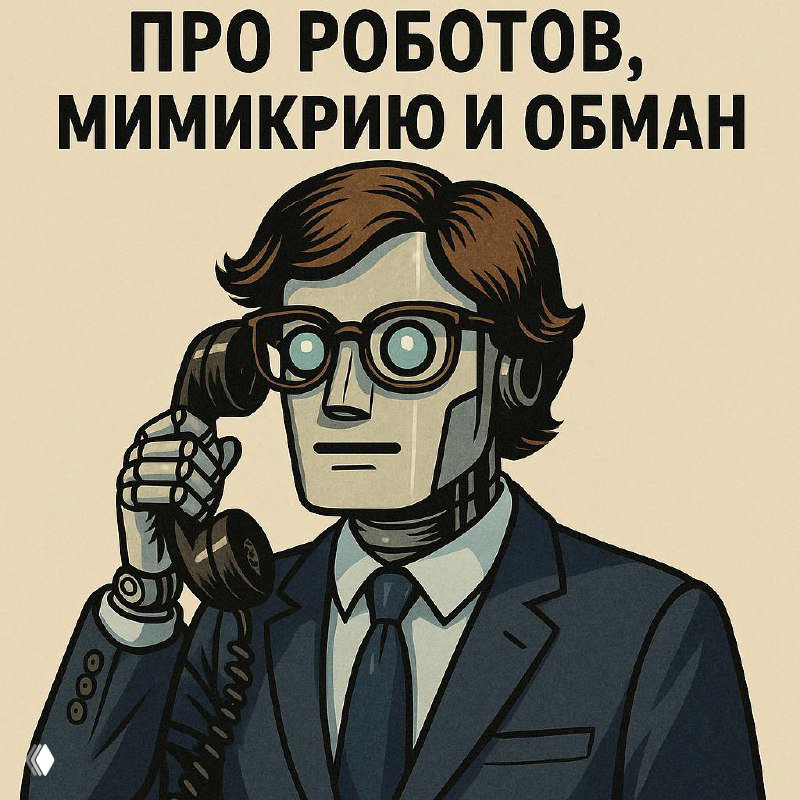Иллюстрация в ретро-стиле: деловой мужчина в костюме держит старый телефон у уха; сверху текст 'Про роботов, мимикрию и обман'.