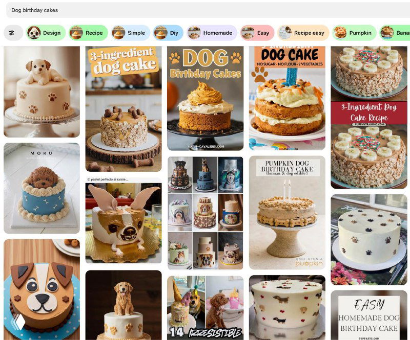 Скриншот выдачи Pinterest с плиткой тортов, декоративных рецептов и оформлений — пример, как нейросети заполонили рецептурные запросы.