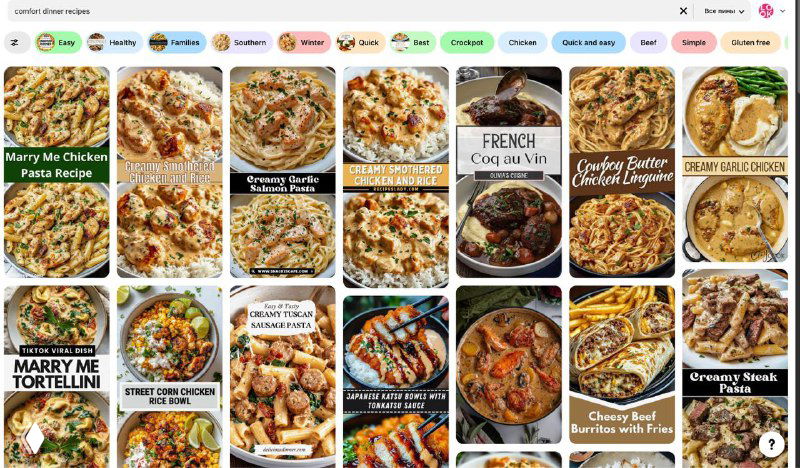 Скриншот выдачи Pinterest по рецептам ужинов и пиццы: большое количество похожих пинов, ведущих на однотипные блоги и сайты.