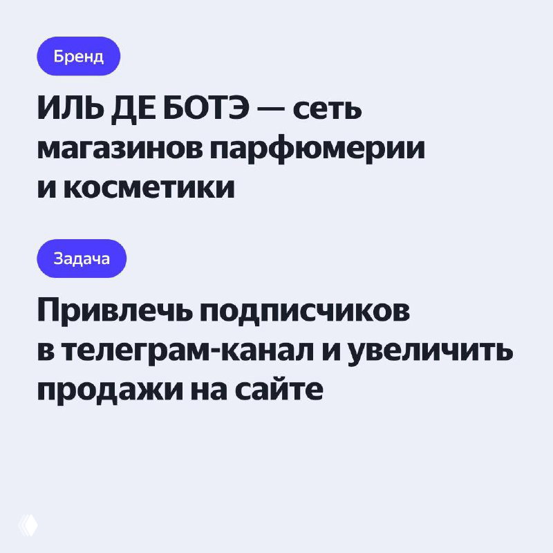 Информативный слайд: логотип ИЛЬ ДЕ БОТЭ и задача кампании — привлечь подписчиков и увеличить продажи на сайте, текстовый блок на светлом фоне.
