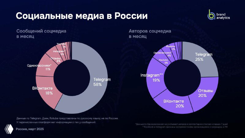 Инфографика BrandAnalytics: две круговые диаграммы — доли платформ по объёму контента и по числу авторов в русскоязычном пространстве.