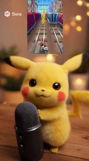 Вертикальный ролик с Пикачу и микрофоном, наложение вставки и логотипа Sora: демонстрация мультяшной генерации и возможных нарушений авторских прав в ленте.