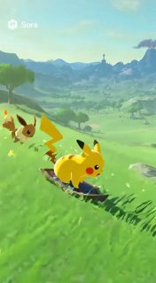 Пикачу в игровом открытом мире на фоне холмов: автогенерированная сцена с водяным знаком Sora; пример стилизации под известную игру и возможных IP-артефактов.