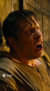 Кадр с актёром в напряжённом выражении лица: возможная синтетическая киношная сцена, отмеченная логотипом Sora; пример реалистичных кадров, создаваемых нейросетью.