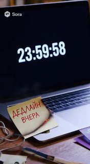Ноутбук с крупным таймером на экране и стикером «ДЕДЛАЙН ВЧЕРА»: сцена с элементами графики, демонстрирующая текстовые вставки и стилизацию в ролике Sora.