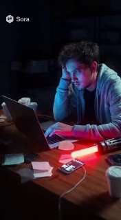 Человек ночью за ноутбуком в напряжённой обстановке: пример бытовой сцены, сгенерированной нейросетью Sora, с характерными деталями и водяным знаком сервиса.