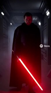 Тёмная фигура с красным световым мечом в коридоре: стилизованное киношное изображение, вызывающее ассоциации с популярными франшизами и отмеченное логотипом Sora.