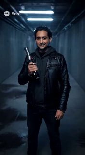 Мужчина с репликой сабли в руках позирует в коридоре: демонстрация возможности генерации персонажей и реквизита Sora, с водяным знаком и студийной подсветкой.