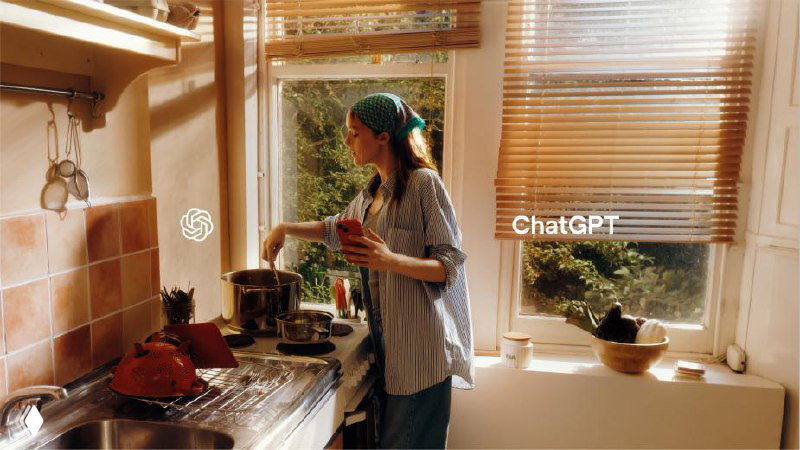 Кадр из видеоролика или стиля кампании: женщина готовит на кухне, на заднем плане мягкая ламповая цветовая гамма и надпись ChatGPT