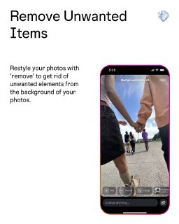 Слайд с заголовком "Remove Unwanted Items" и демонстрацией интерфейса — смартфон показывает удаление объектов с фотографии с помощью AI.
