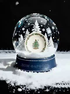 Снежный шар с декоративной тарелкой Spode и центральной ёлочной росписью, оформлен в белый искусственный снег и миниатюрные ёлочки вокруг.